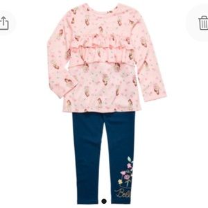 NEW Disney Belle Girls 2 Piece Ruffle Top and Leggings Set, Size 4, Pink Blue
